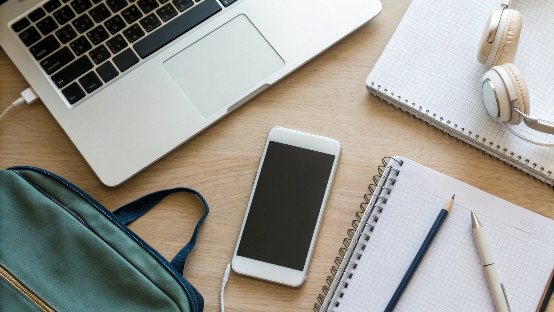 Рабочий стол студента с недорогим смартфоном, ноутбуком и проводными наушниками