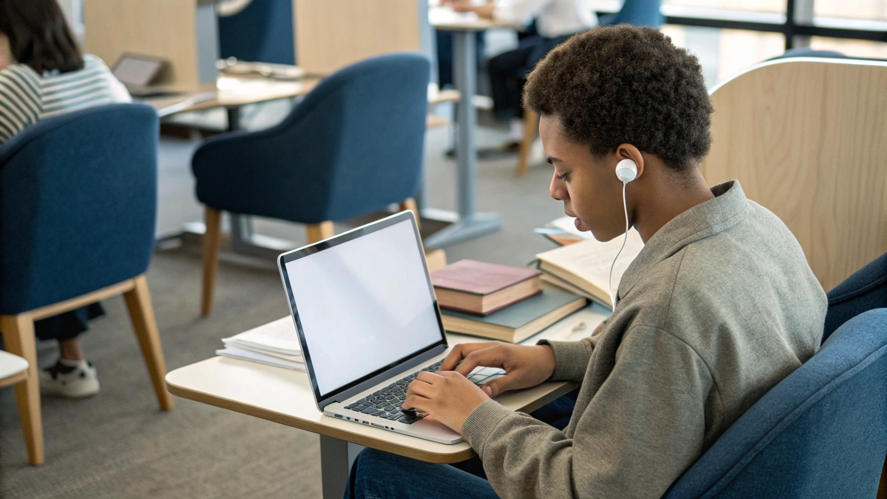 Студент с продвинутым ноутбуком и беспроводными наушниками работает над учебным проектом