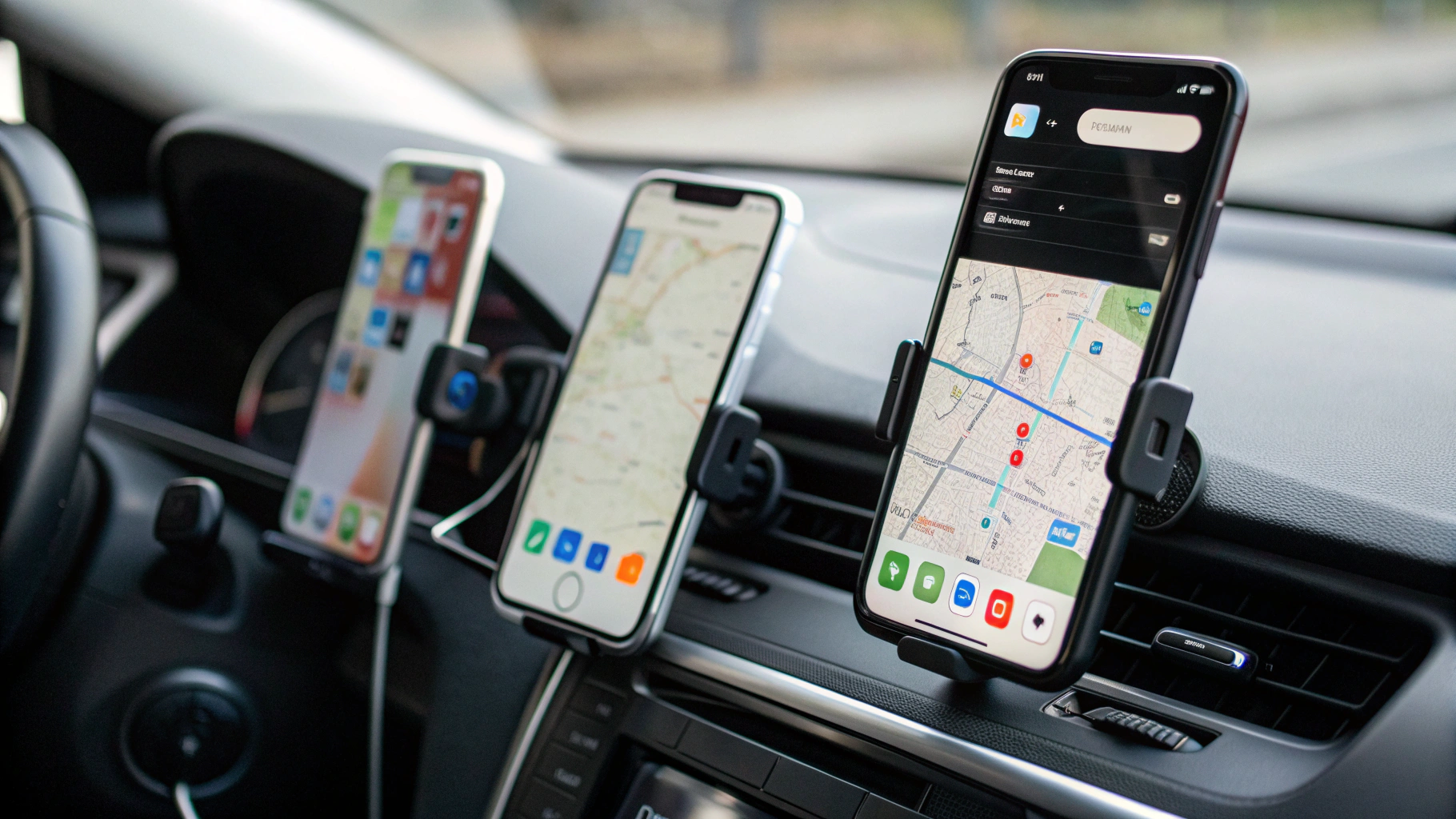Три смартфона на панели автомобиля с запущенными навигацией и приложениями доставки