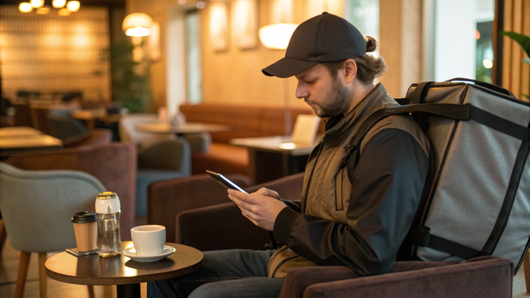 Курьер в кафе заряжает смартфон и смотрит статистику заказов на экране