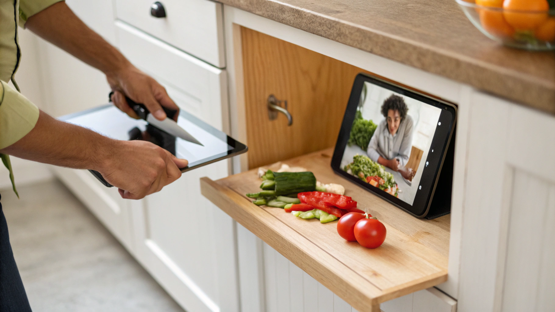 Планшет под навесным шкафом на кухне показывает кулинарный рецепт