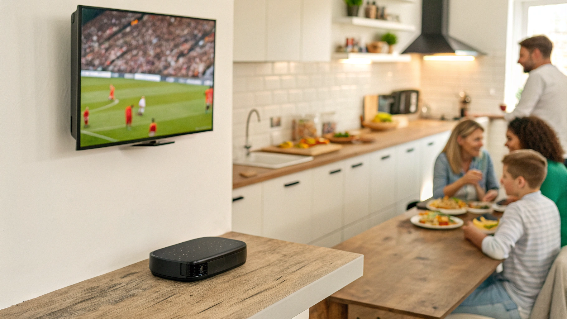 Небольшой телевизор с ТВ-приставкой на кухне показывает футбольный матч