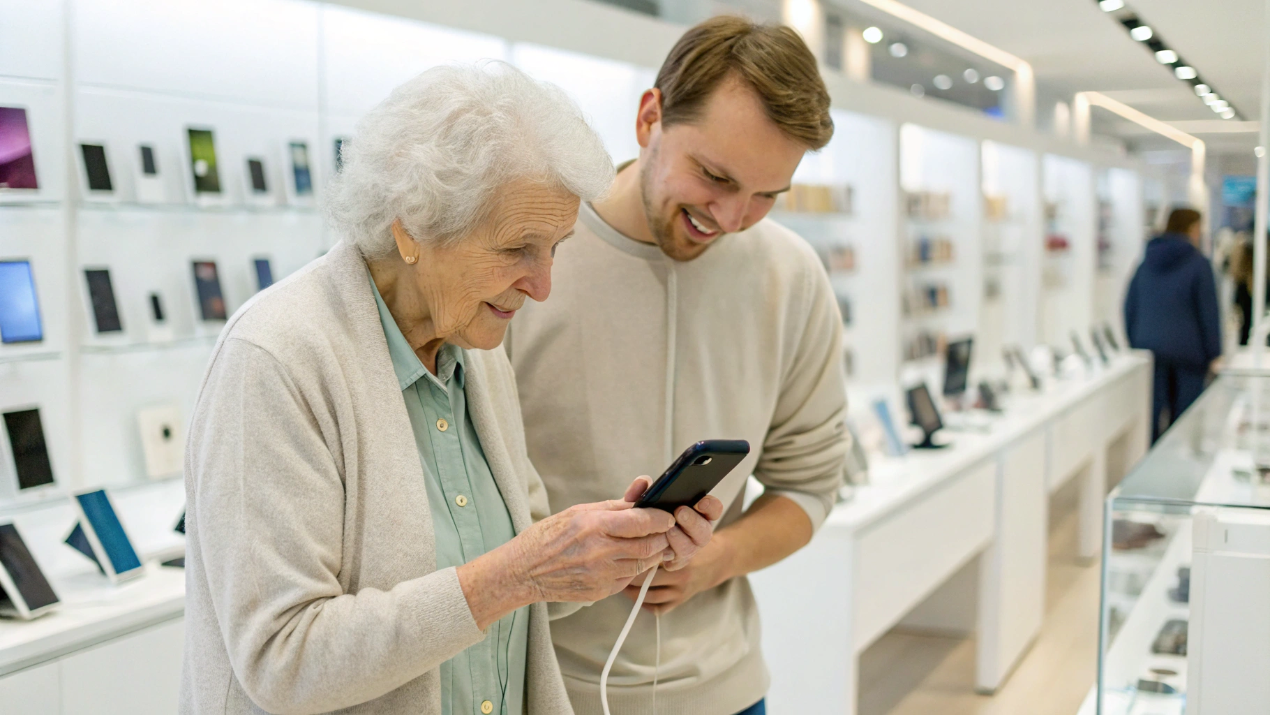 Покупатель с пожилым родственником в магазине тестирует громкость и микрофон смартфона