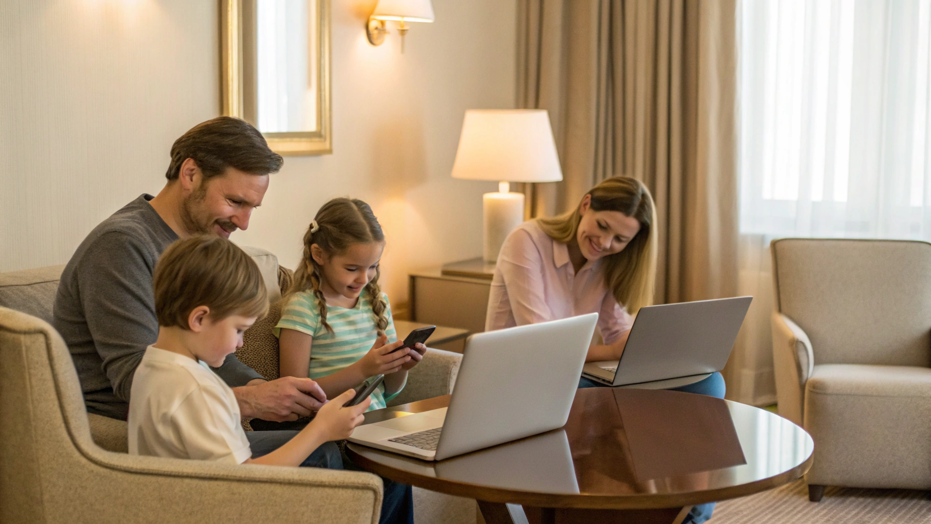Семья в отеле пользуется интернетом, раздаваемым со смартфона на несколько устройств