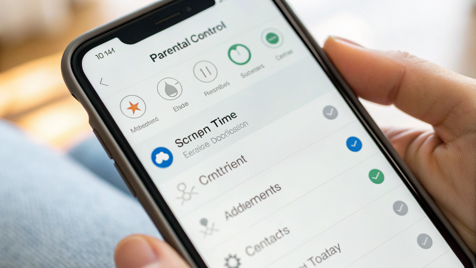 Экран смартфона с настройками родительского контроля и лимитами экранного времени
