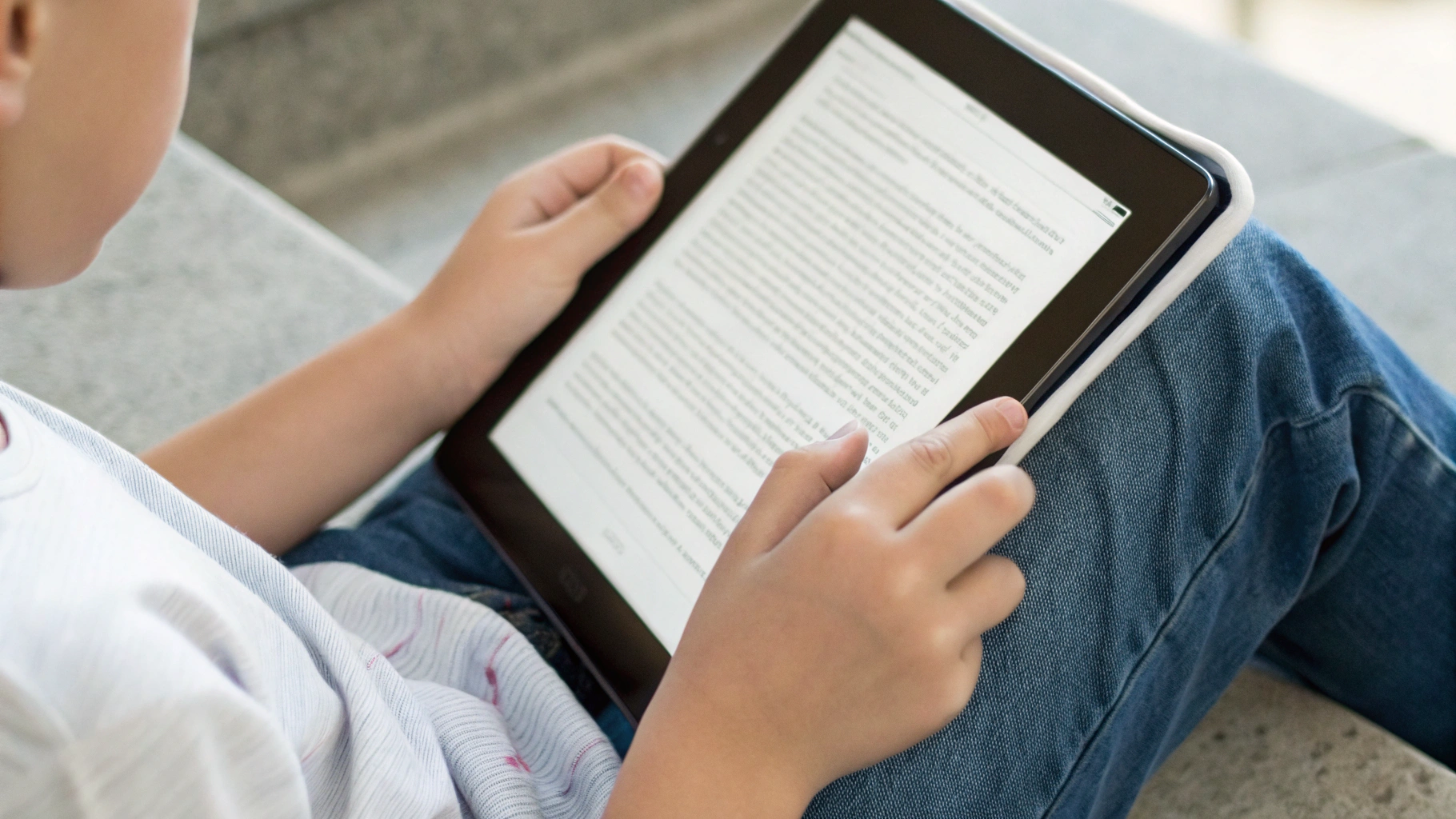 Ребёнок держит школьный планшет, на экране открыт электронный учебник