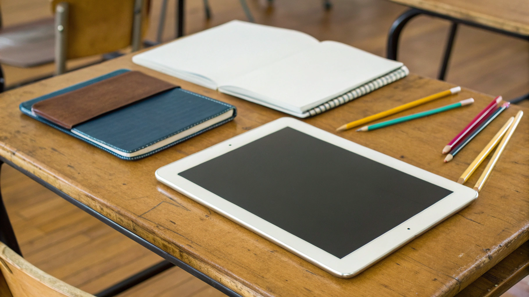 На школьном столе лежат iPad и Android‑планшет рядом с тетрадями и карандашами