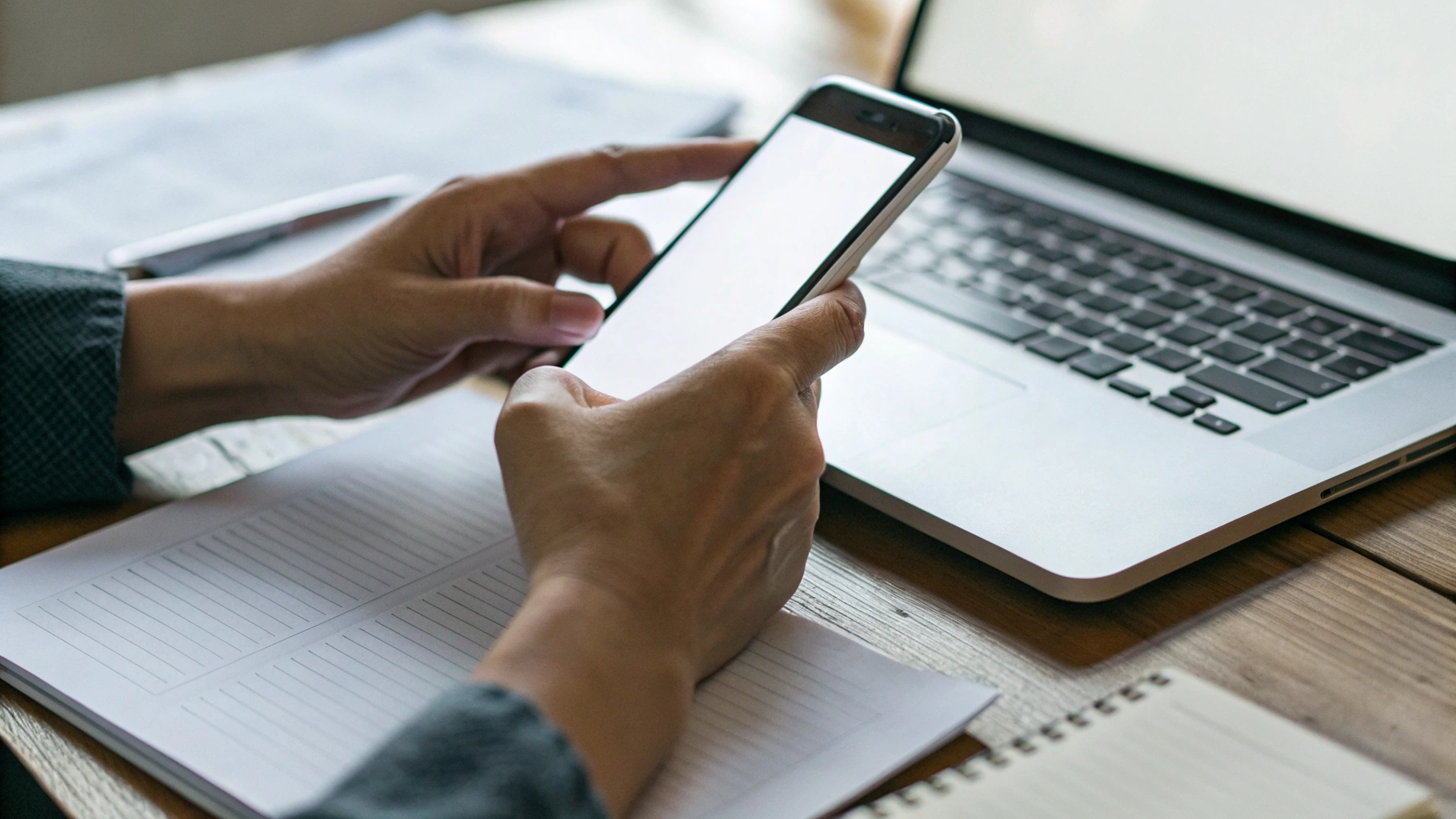 Руки набирают заметки на экране смартфона рядом с документами и ноутбуком