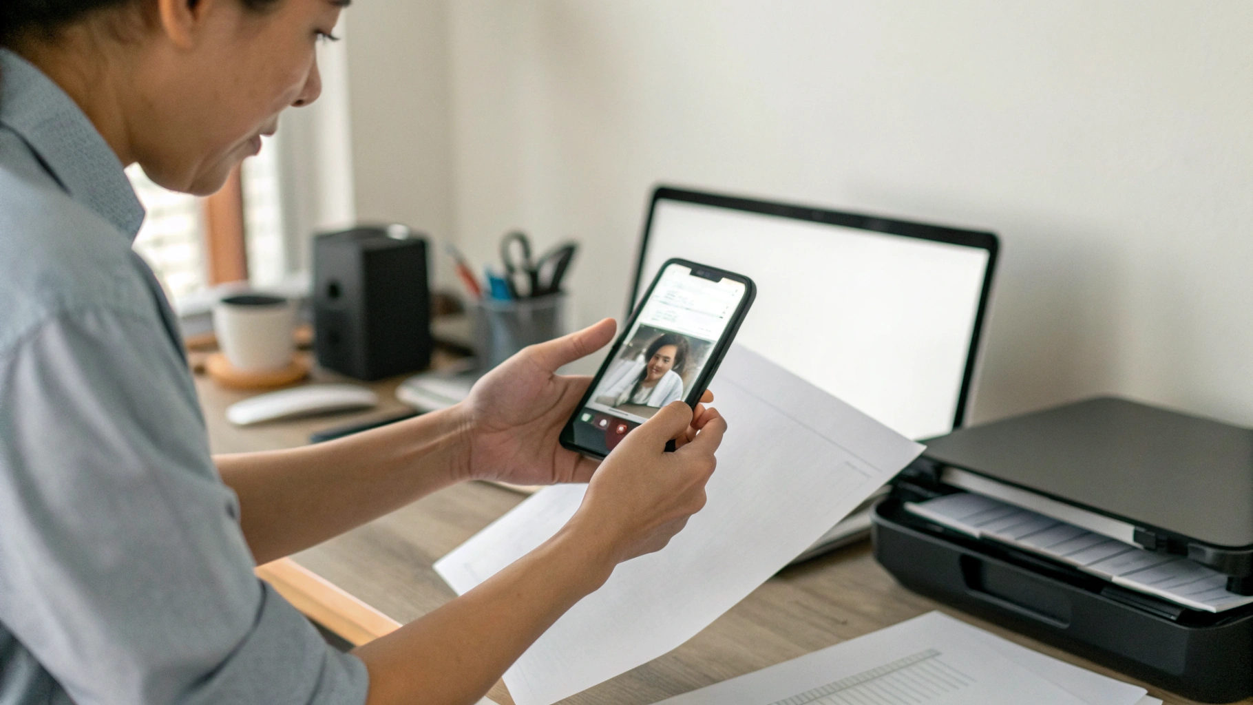 Человек сканирует бумажный документ камерой смартфона за столом