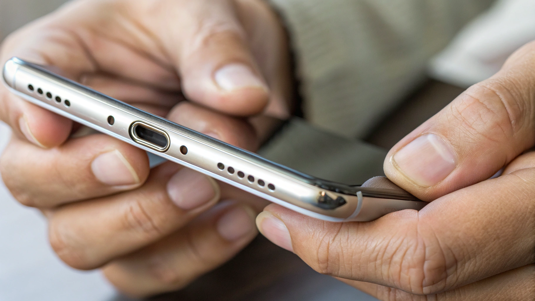 Осмотр порта USB‑C и рамки подержанного iPhone на предмет повреждений