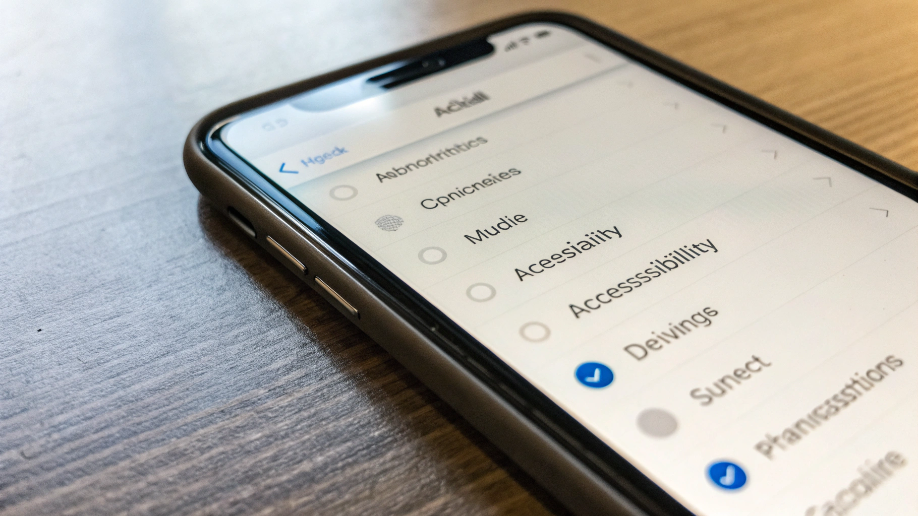 Смартфон на столе с открытым меню настройки системных субтитров и универсального доступа
