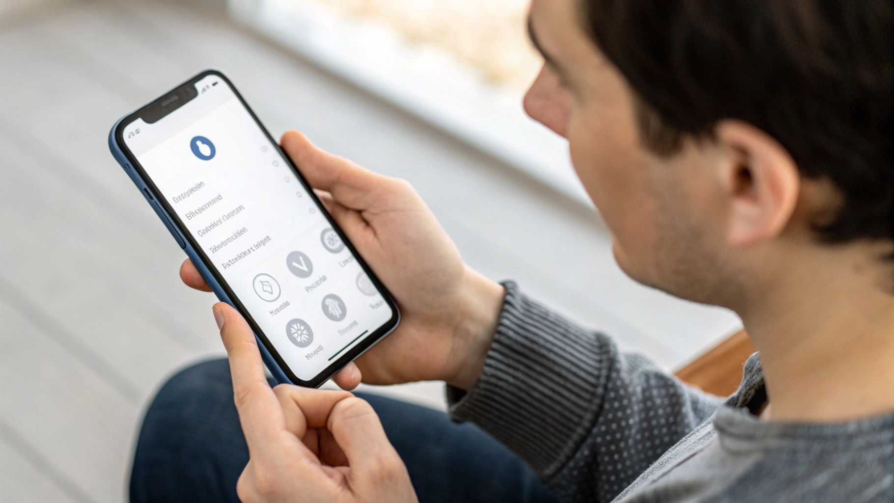 Пользователь держит смартфон с включёнными функциями вибро-уведомлений и распознавания звуков в настройках доступности