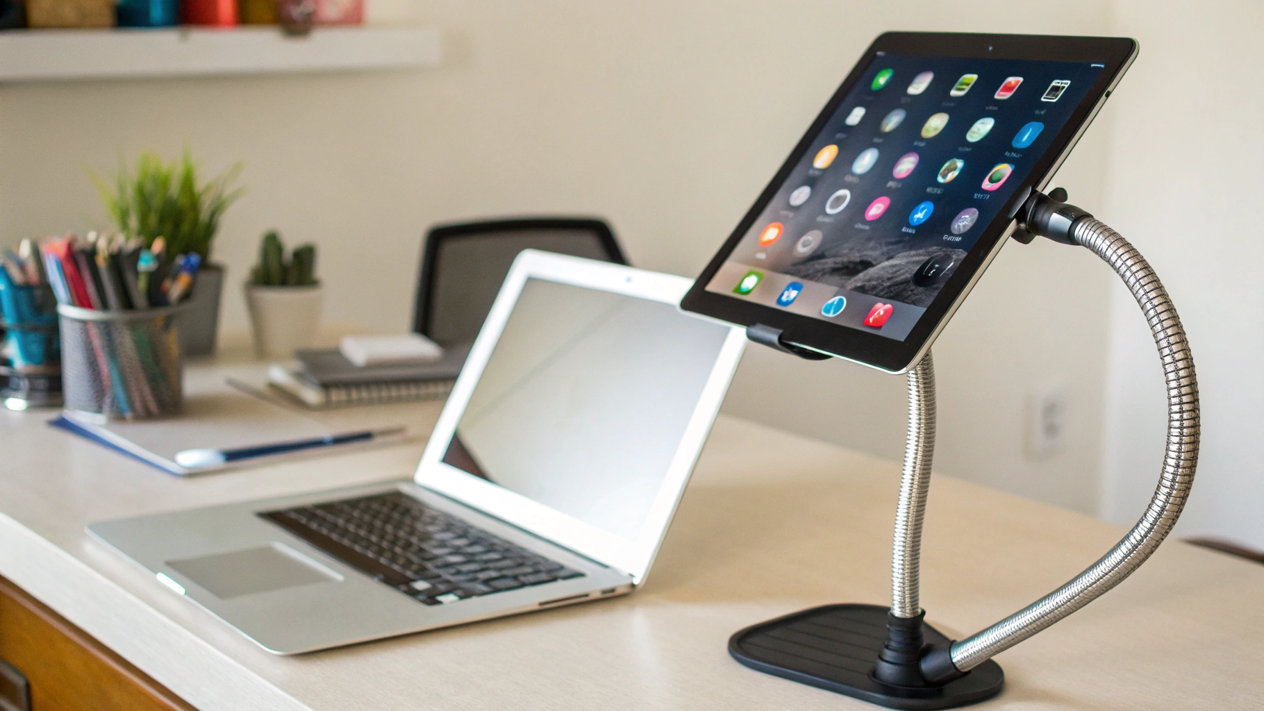 iPad на гибком держателе используется как второй экран рядом с ноутбуком