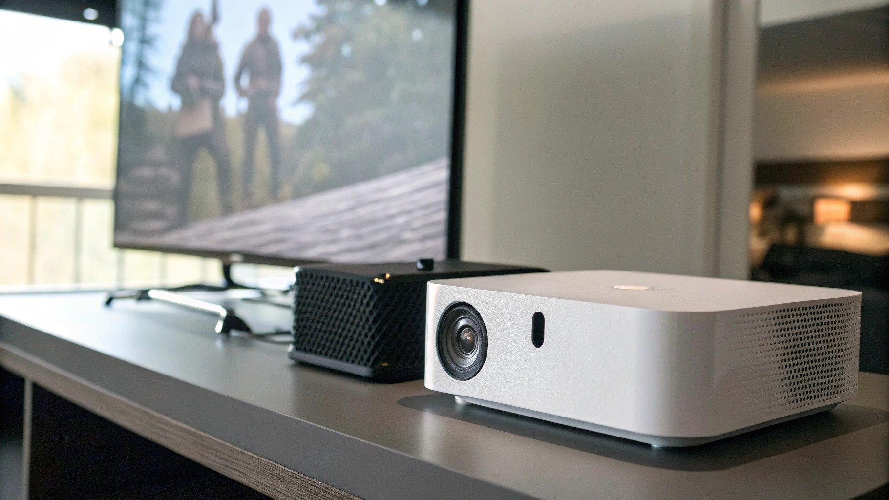 Компактный домашний проектор и Apple TV на тумбе перед большим экраном