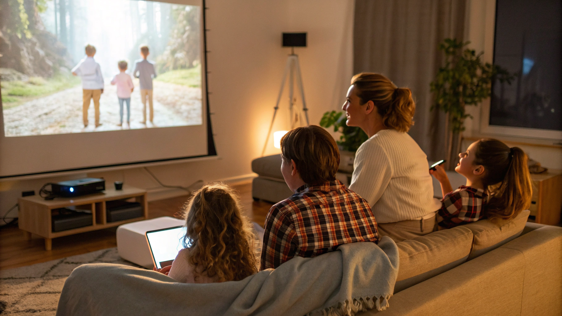 Семья смотрит фильм с iPad через Apple TV и проектор в гостиной