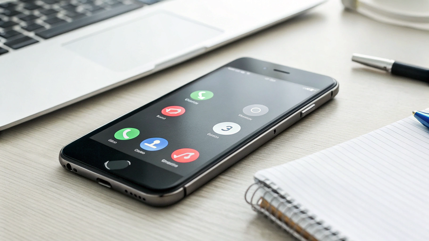 Смартфон для работы на столе, на экране видны иконки звонков и мессенджеров