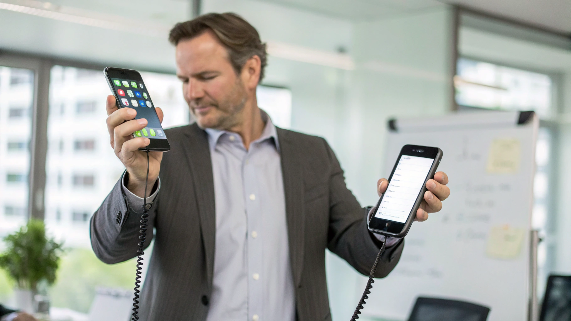 Менеджер держит в руках iPhone и Android‑смартфон, выбирая устройство для деловой связи и записи разговоров