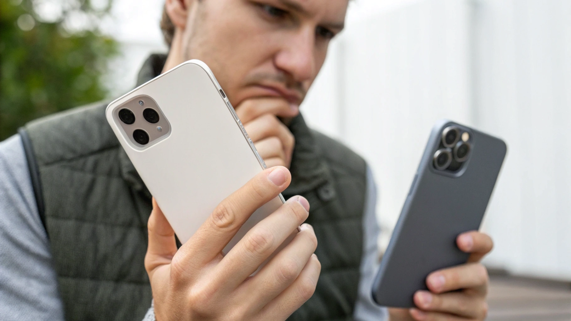 Пользователь выбирает между старым смартфоном и покупкой нового флагмана