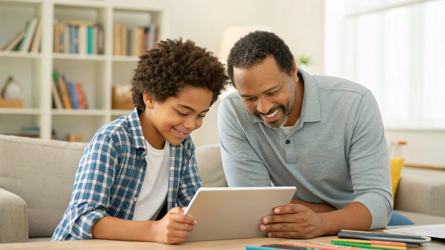 Родитель и подросток вместе настраивают планшет для учёбы