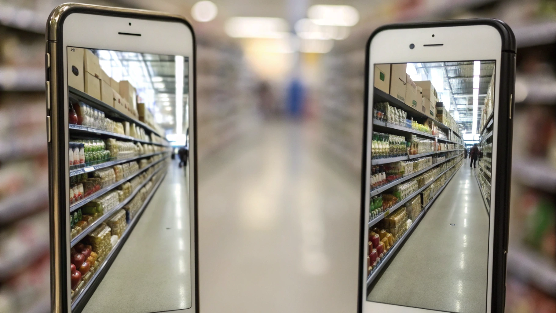 Два смартфона рядом на витрине с увеличенными тестовыми фото полок для сравнения камер