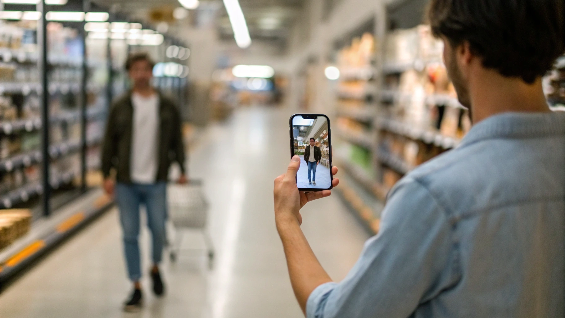 Покупатель в магазине снимает видео на два смартфона для проверки стабилизации