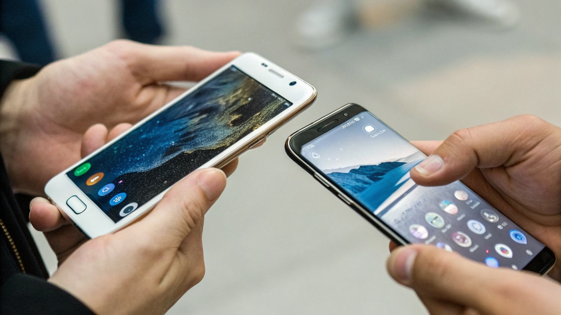 Пользователь сравнивает характеристики двух смартфонов Samsung в руках