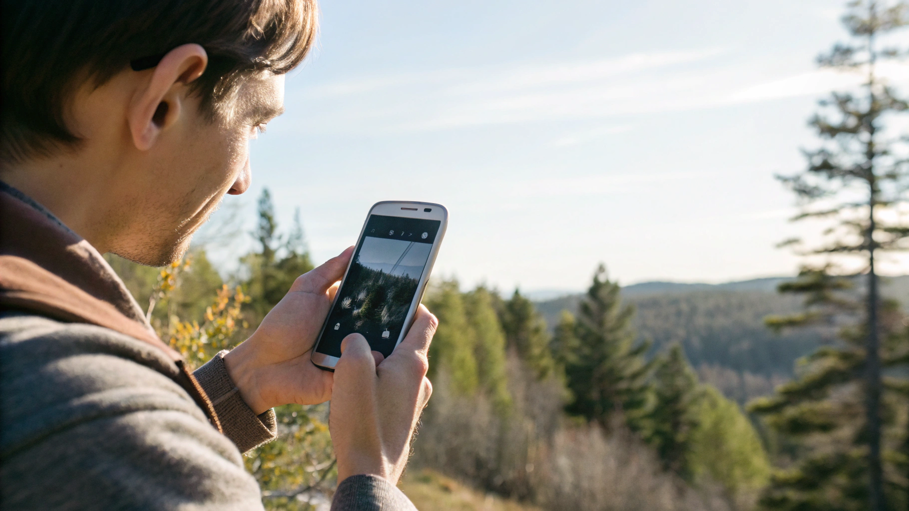 Человек проверяет возможности камеры и батареи на смартфоне Samsung на улице