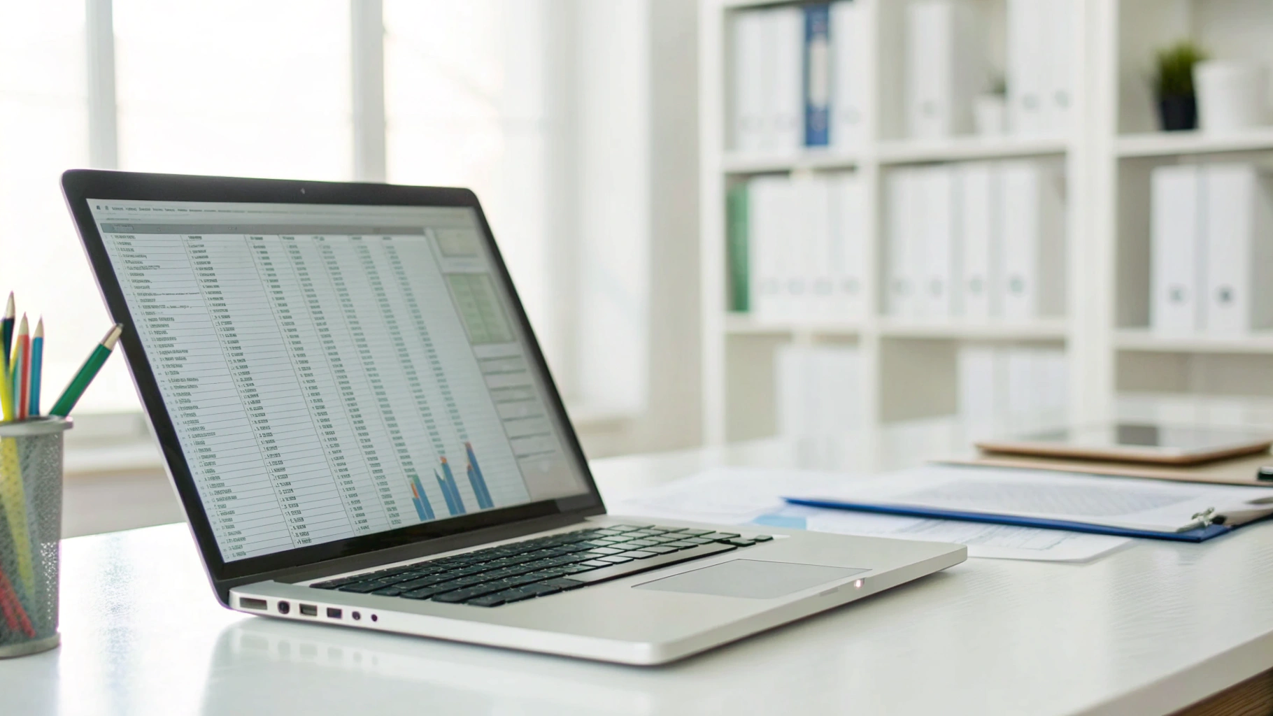 Ноутбук MacBook 2027 года на офисном столе с таблицами и документами на экране