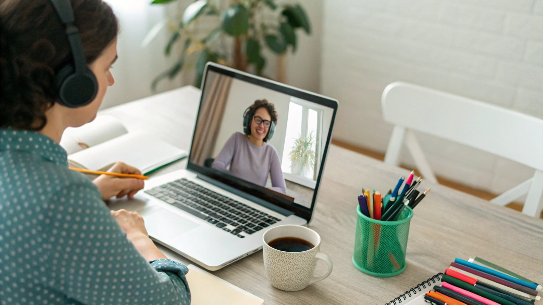 Пользователь в наушниках на видеозвонке за MacBook в домашнем офисе