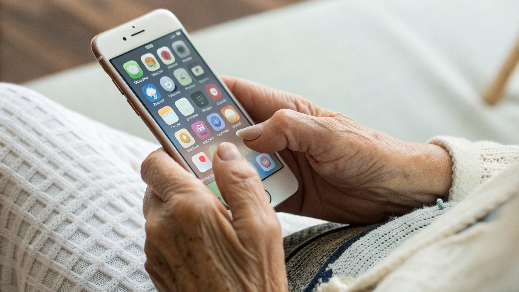 Смартфон в руках пожилого человека с крупными иконками и увеличенным текстом