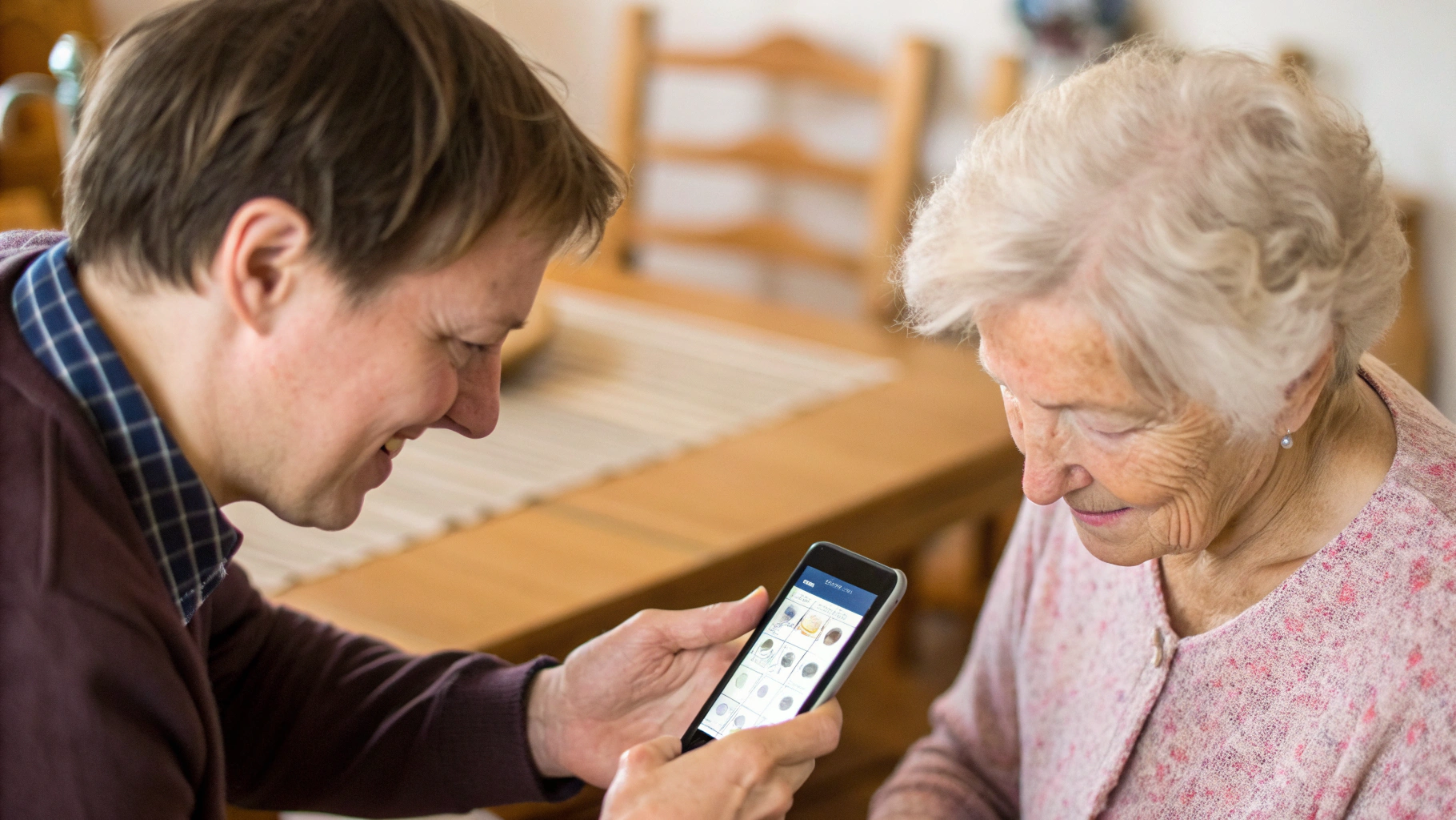 Взрослый ребёнок настраивает контакты и кнопку экстренного вызова на смартфоне родителя