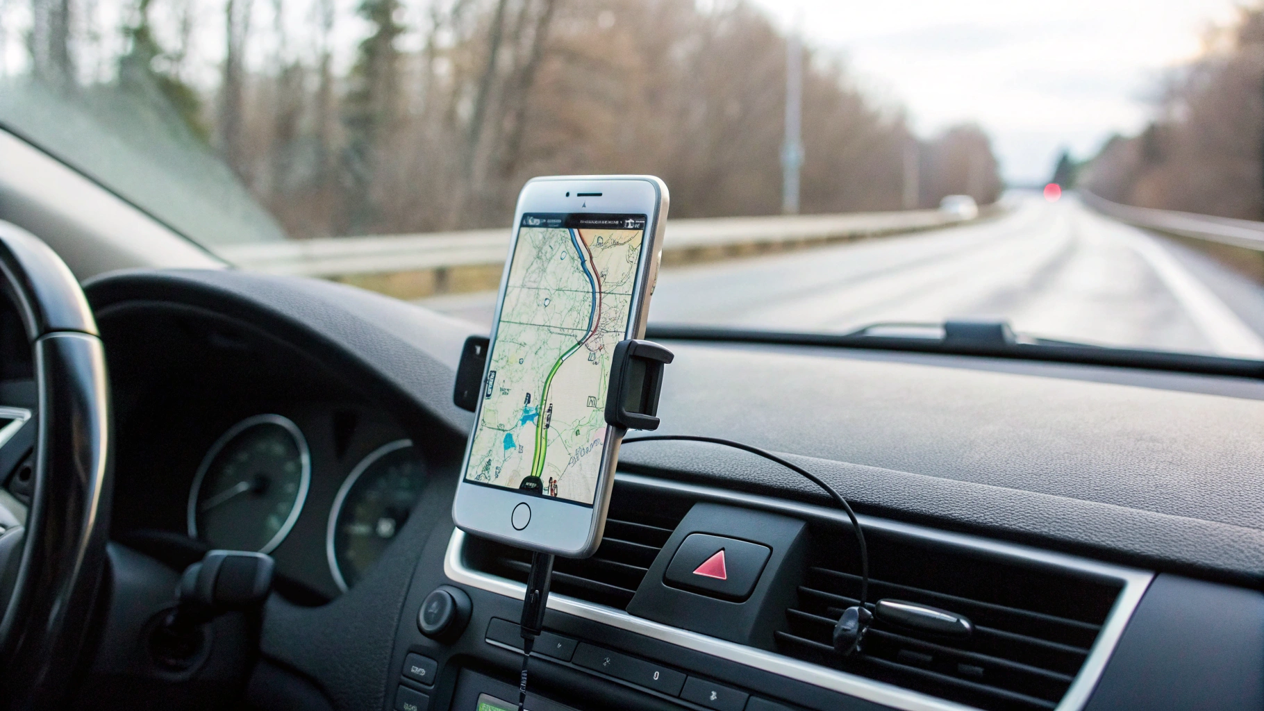 Смартфон на панели автомобиля с офлайн-картой и навигацией по России