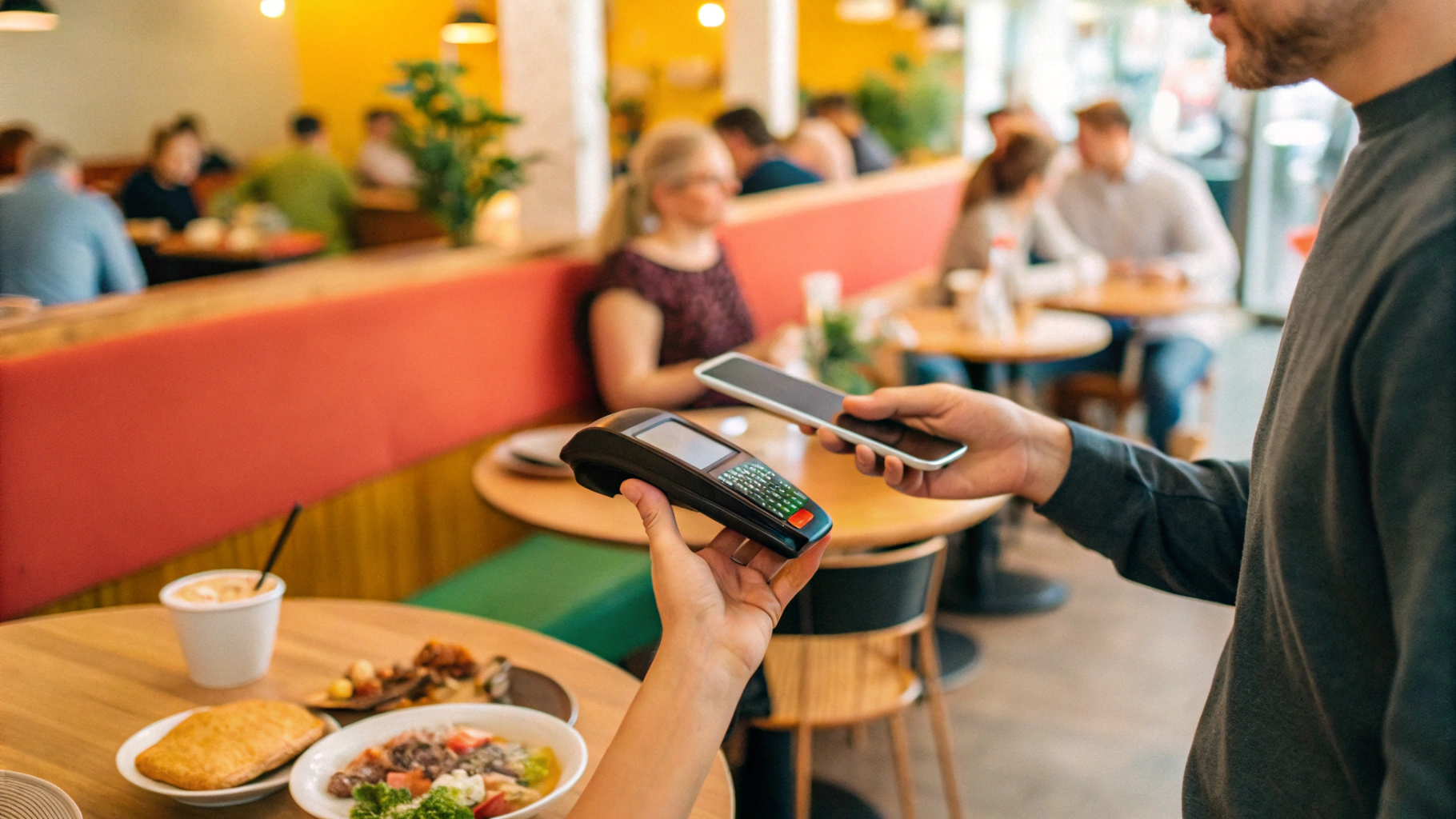 Оплата в российском кафе смартфоном через NFC во время поездки