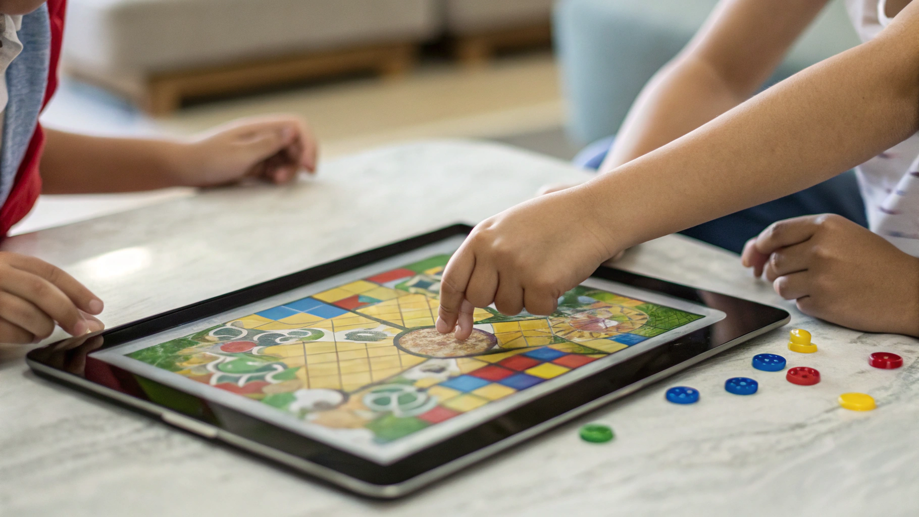 Большой планшет на столе с запущенной цифровой настольной игрой, к экрану тянутся руки игроков