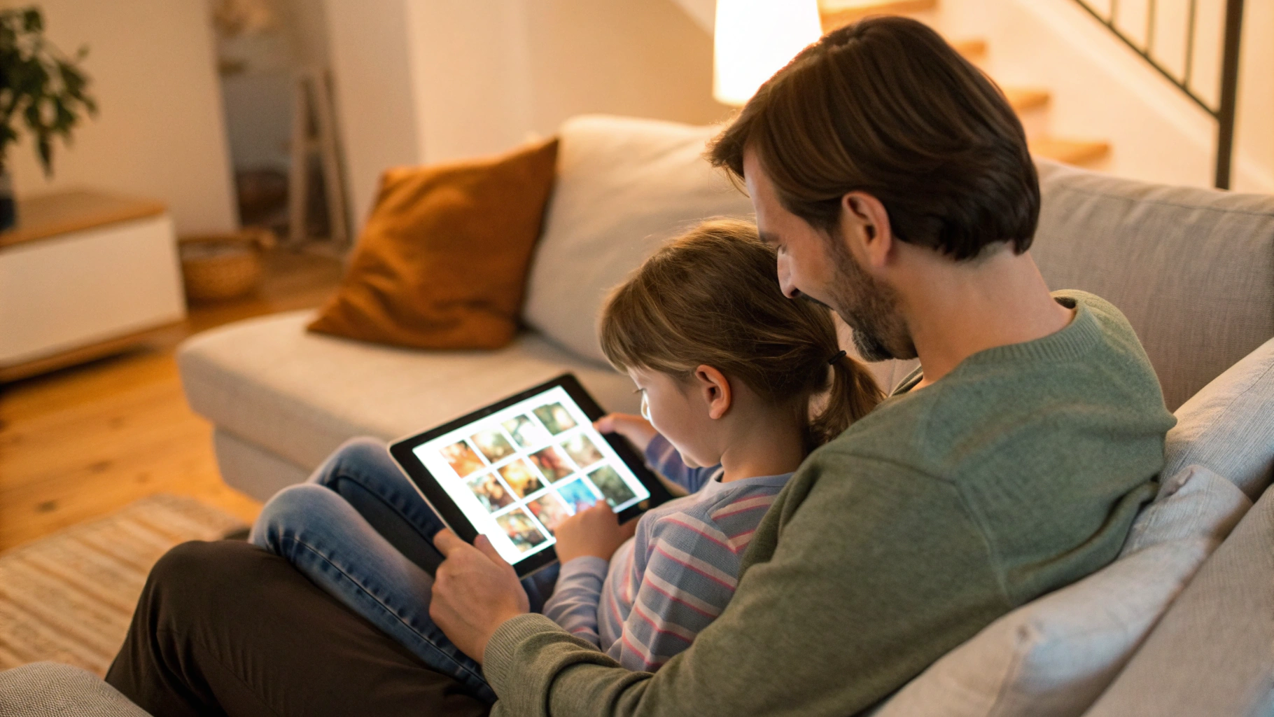 Родитель и ребёнок выбирают на планшете семейные викторины и обучающие игры