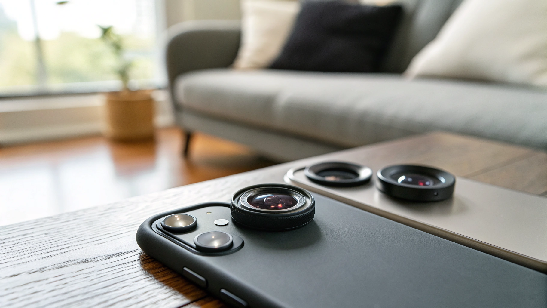 Камера современного смартфона крупным планом на фоне размытой гостиной