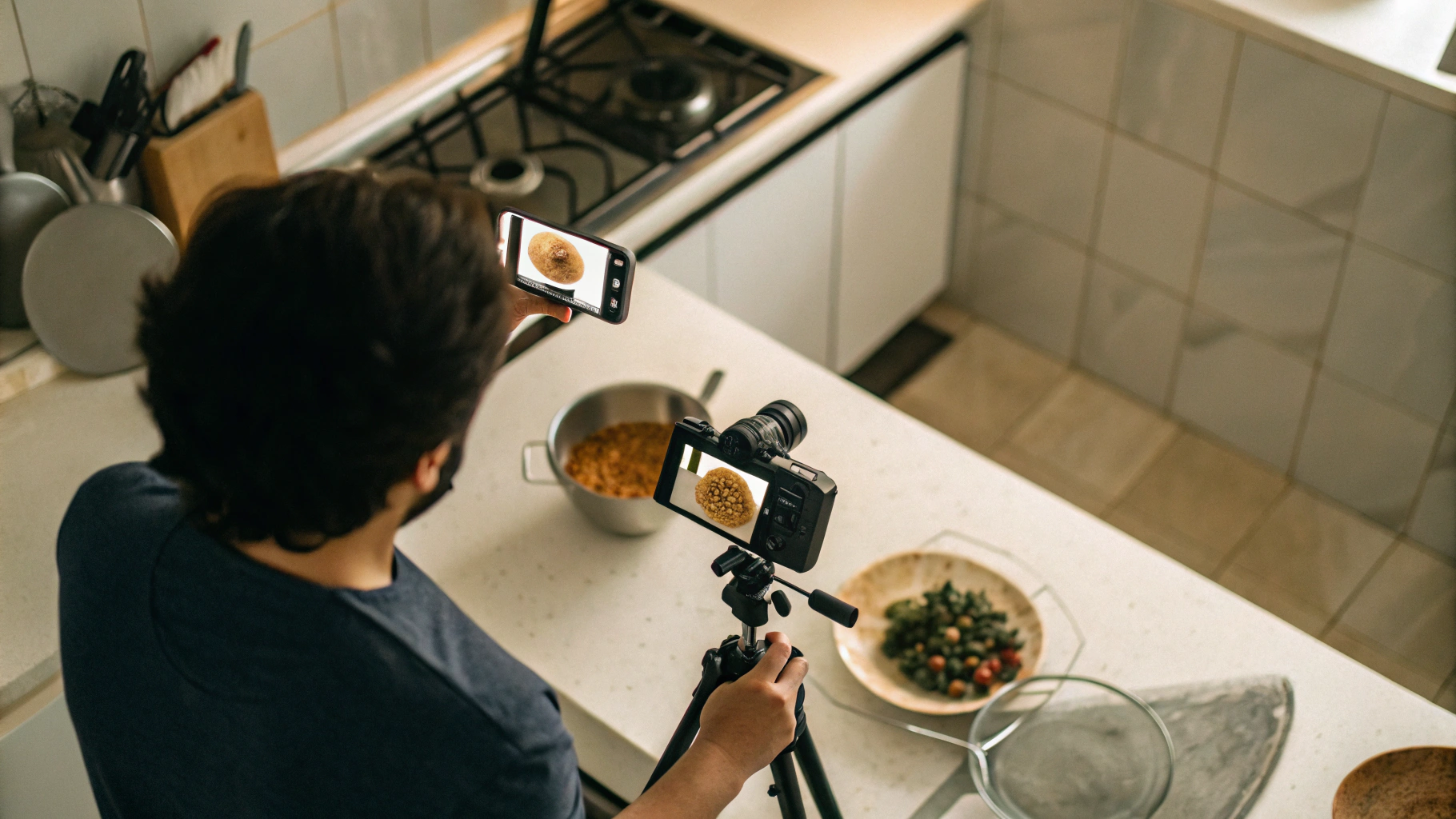 Съёмка рецепта на смартфон на кухне при домашнем освещении