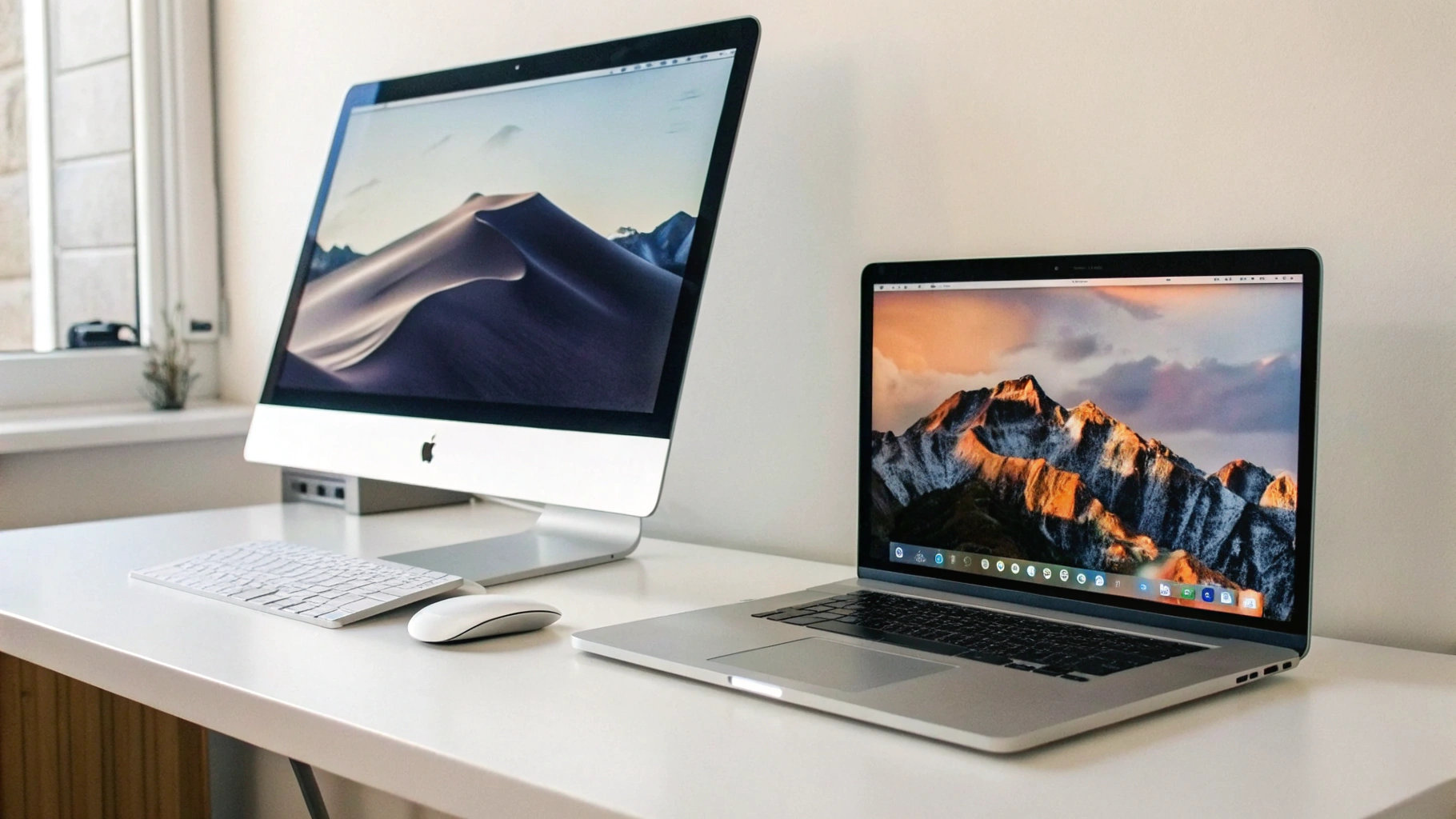 iMac и MacBook на домашнем столе с крупным интерфейсом на экранах