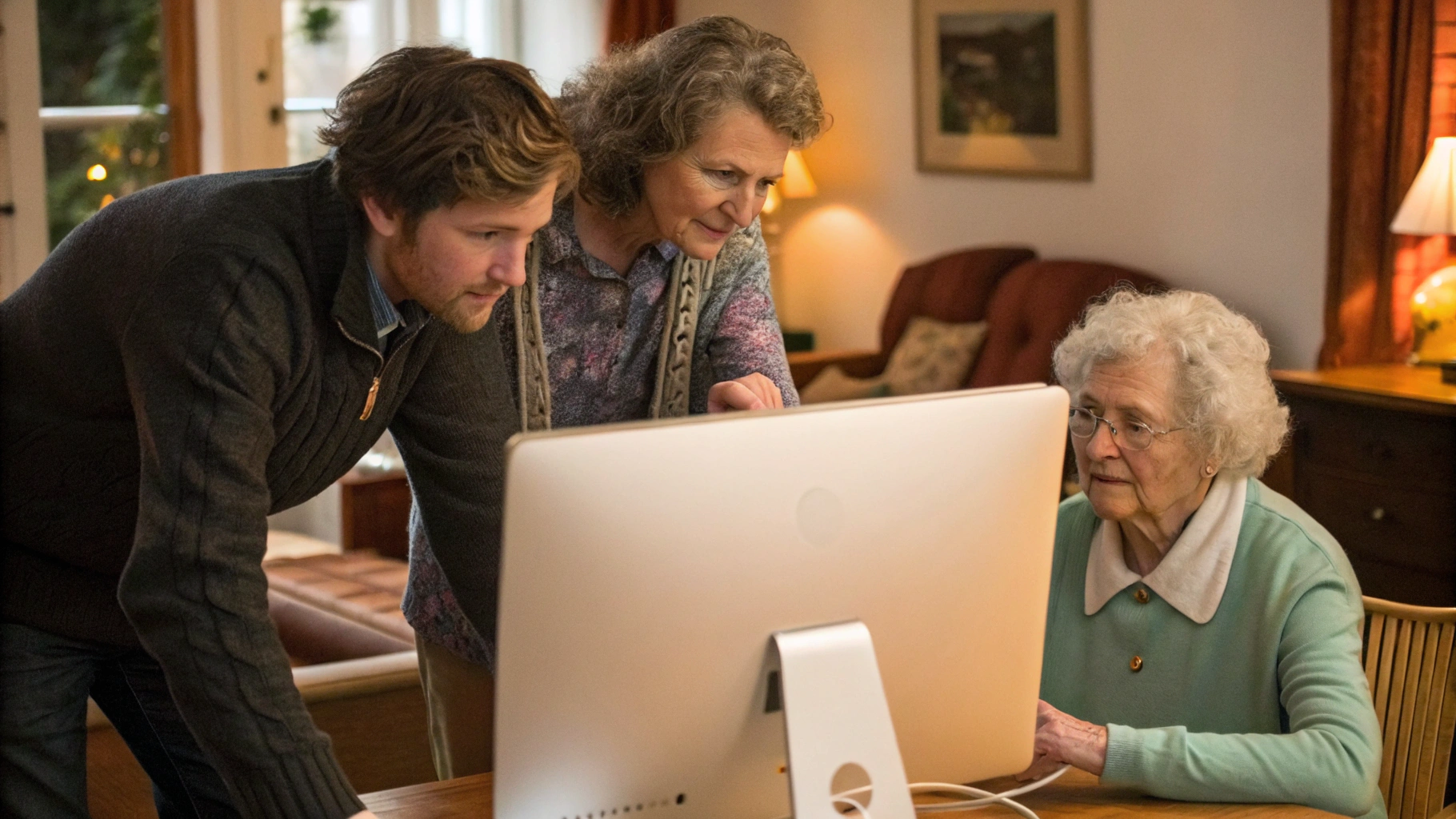 Взрослый ребёнок помогает пожилым родителям настроить Mac дома