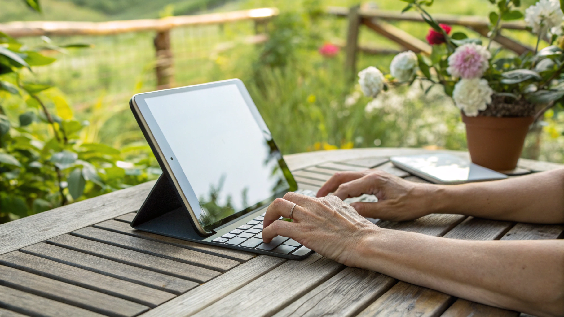 iPad с клавиатурным чехлом на дачном столе для работы с документами