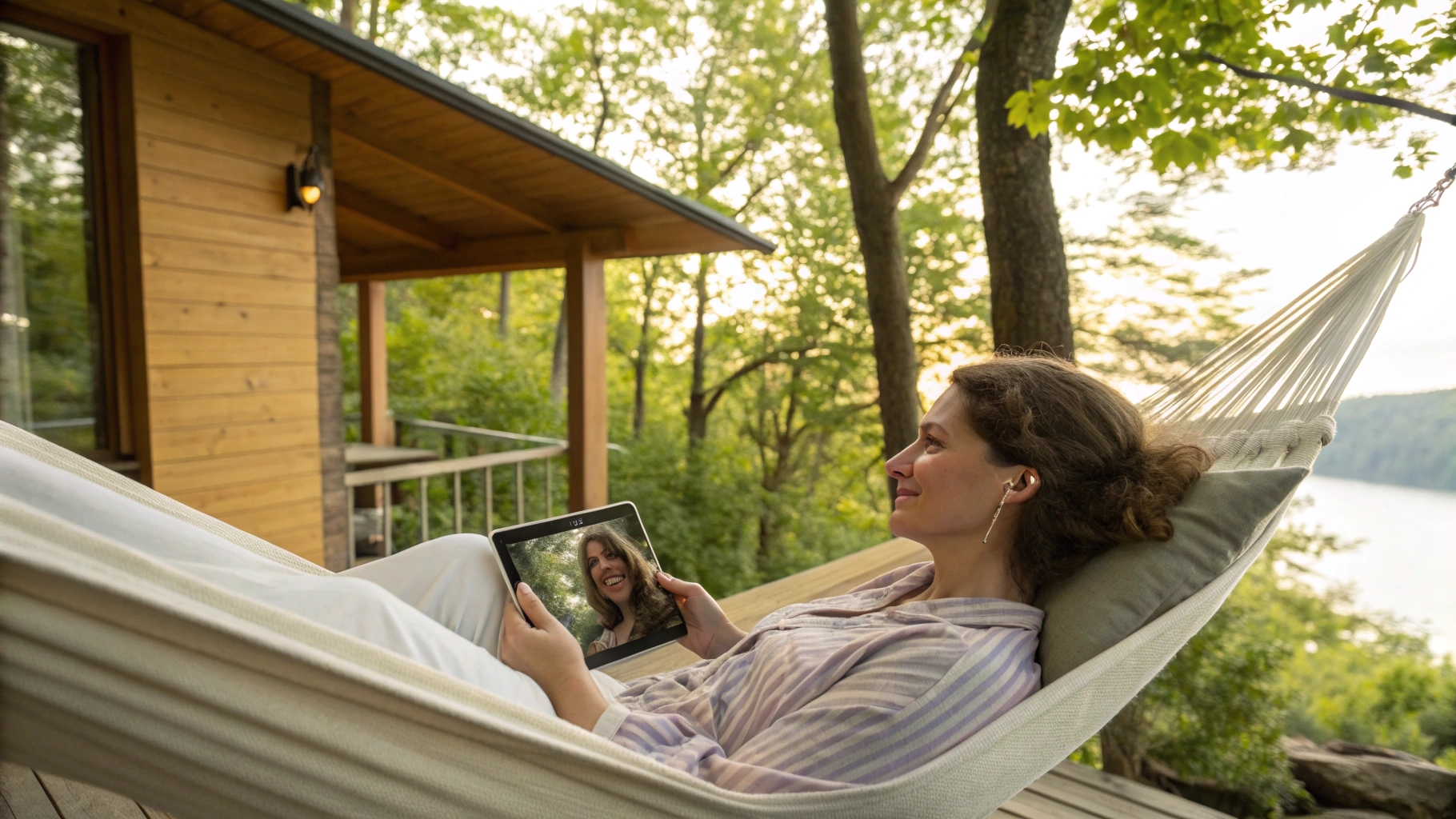 Просмотр фильма на планшете в гамаке на даче