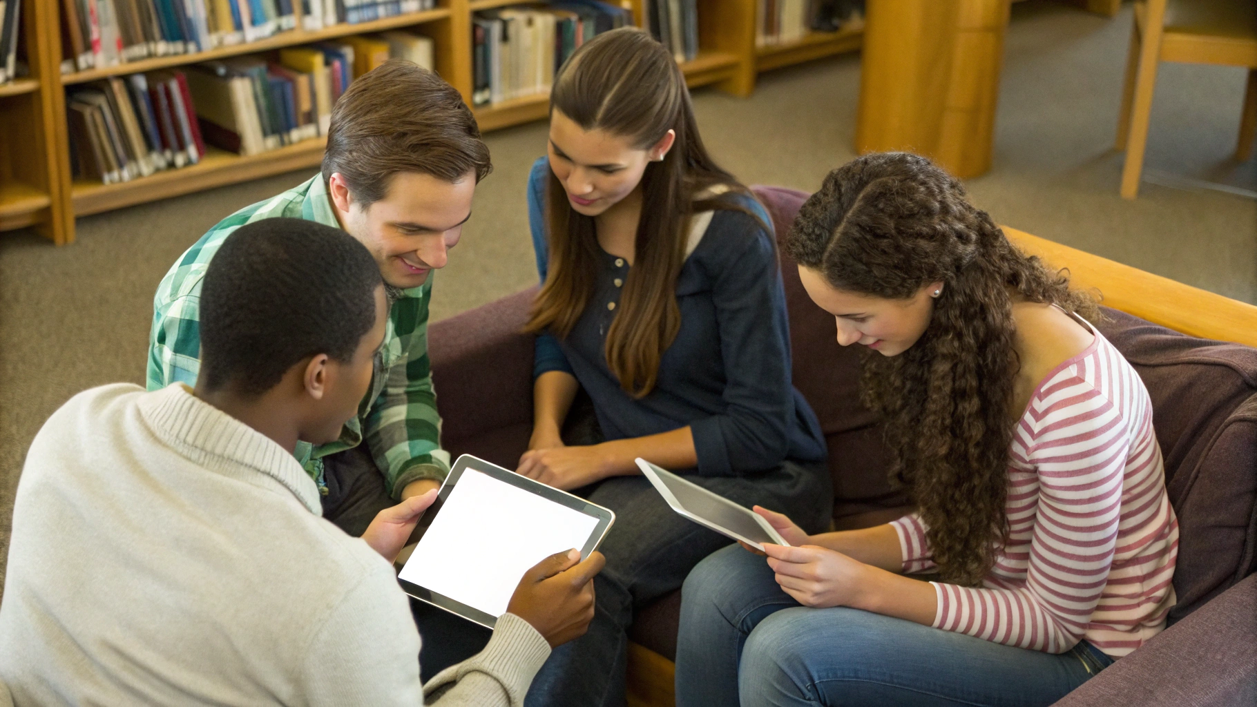 Студенты в библиотеке делают групповой проект за iPad и Android‑планшетом с общими документами в облаке