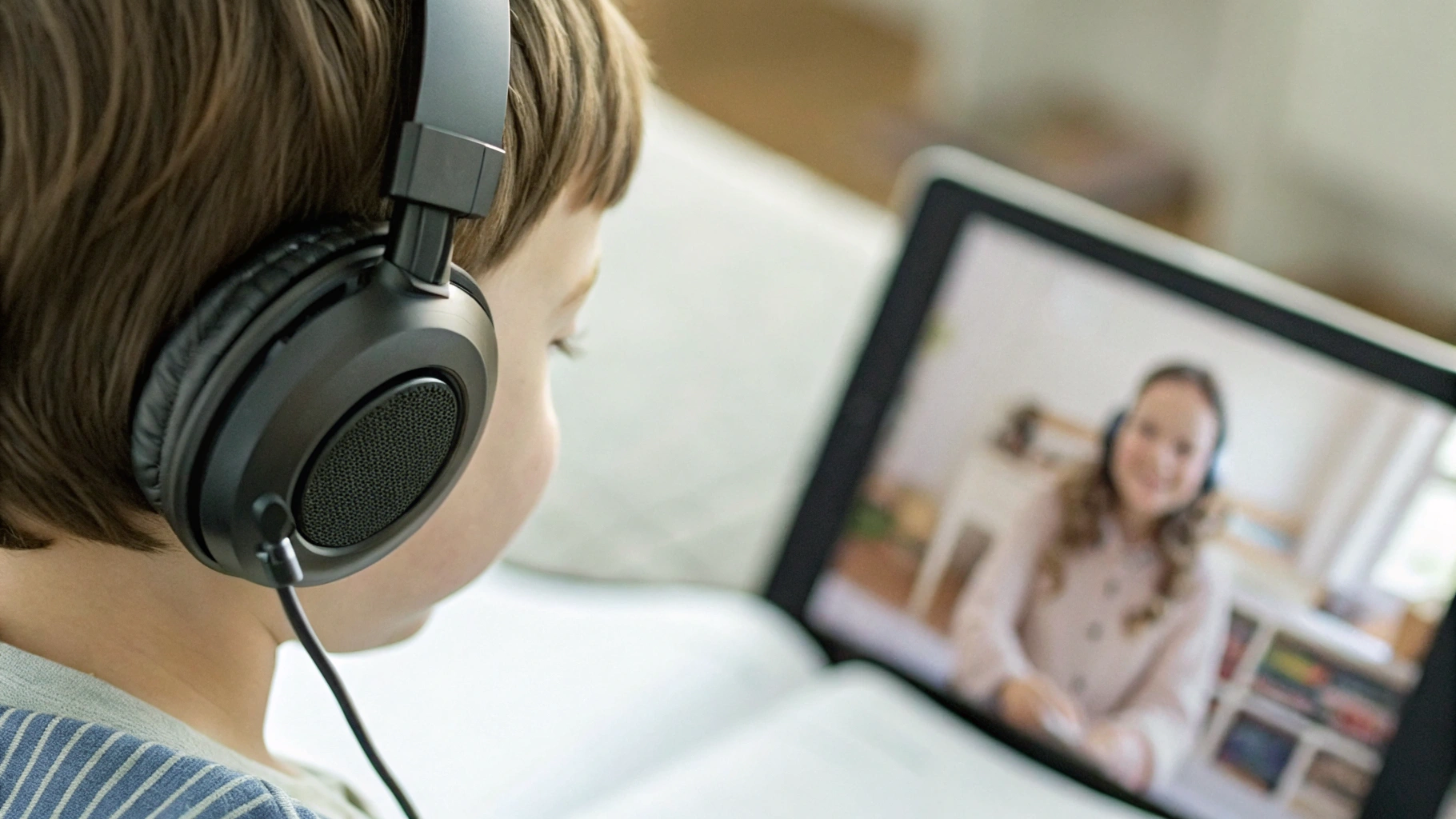 Ребёнок в накладных наушниках с микрофоном занимается у планшета