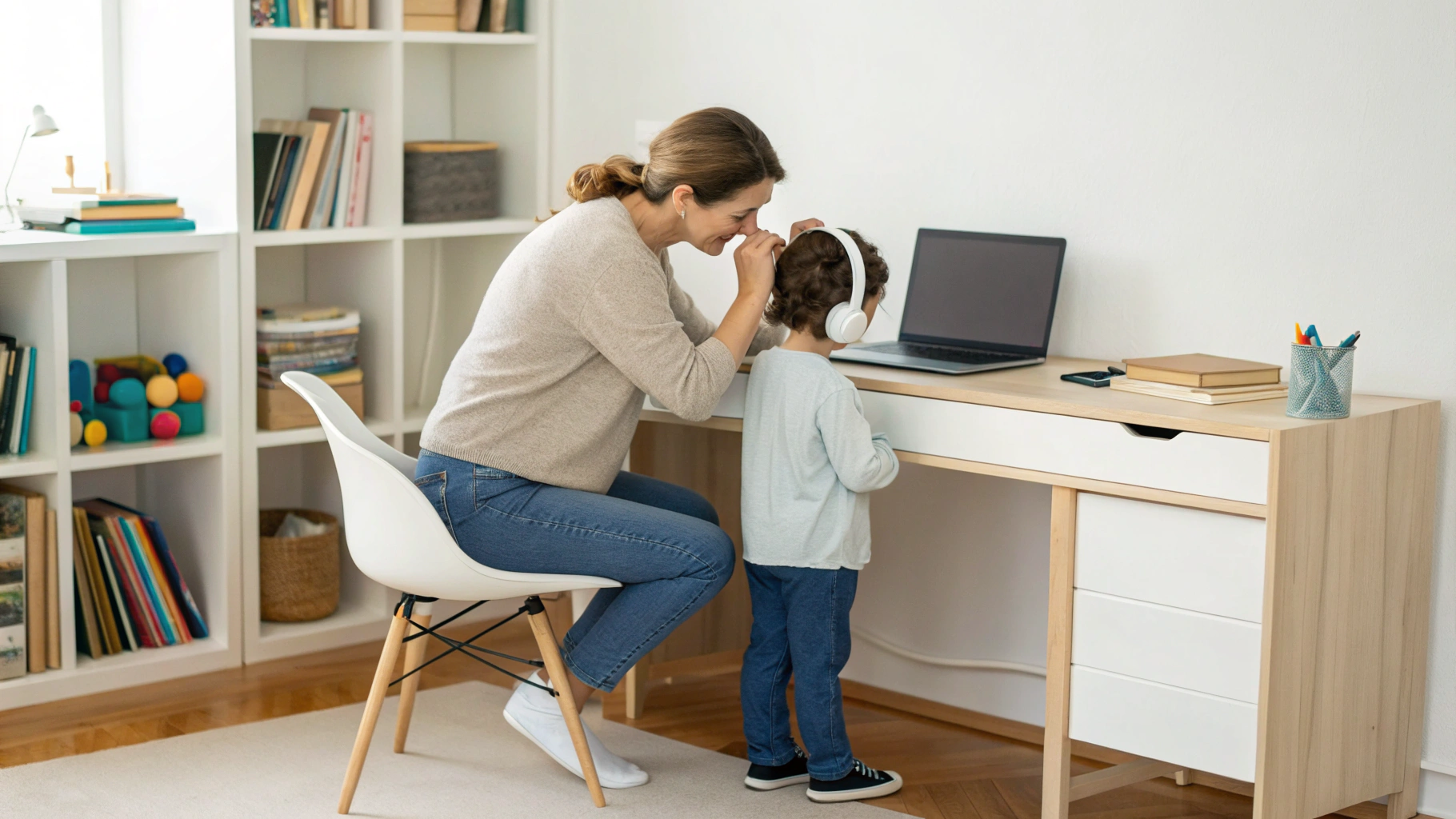Родитель помогает ребёнку надеть беспроводные наушники перед онлайн-занятием