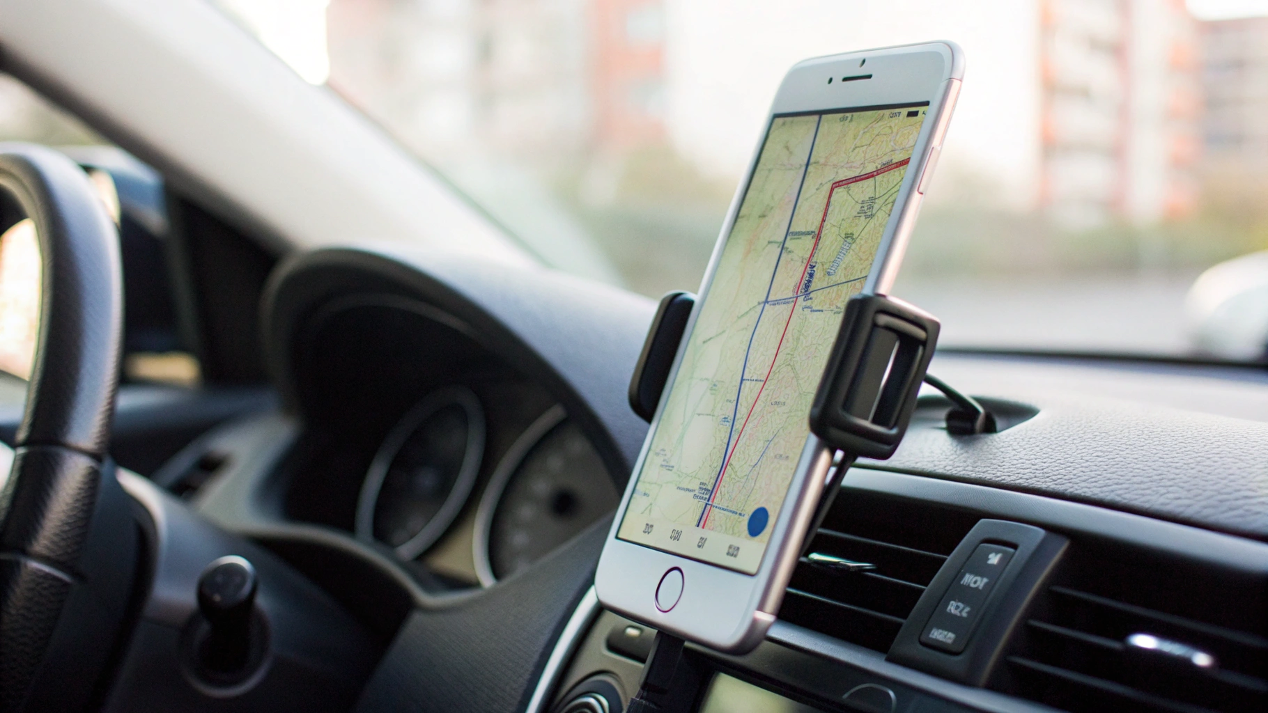 Крупный план iPhone на креплении в автомобиле с открытым приложением навигации