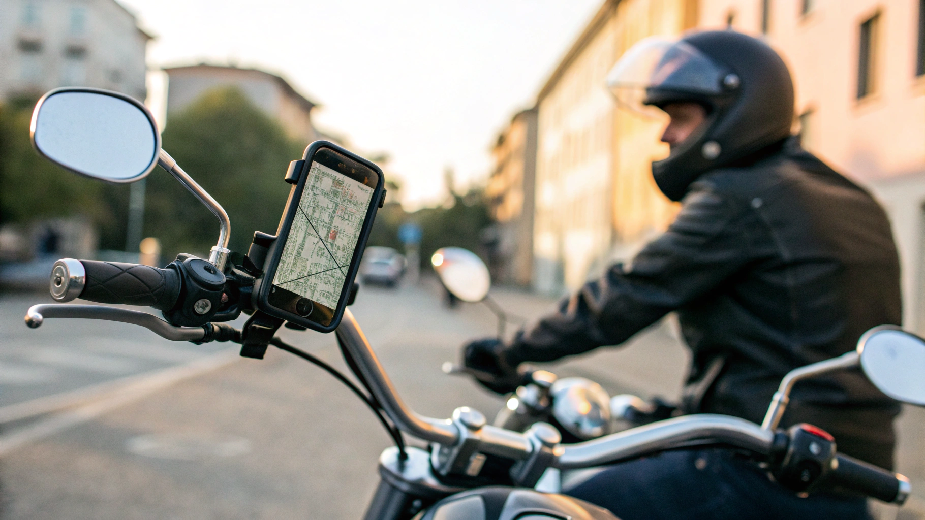 iPhone на руле мотоцикла используется как навигатор во время поездки
