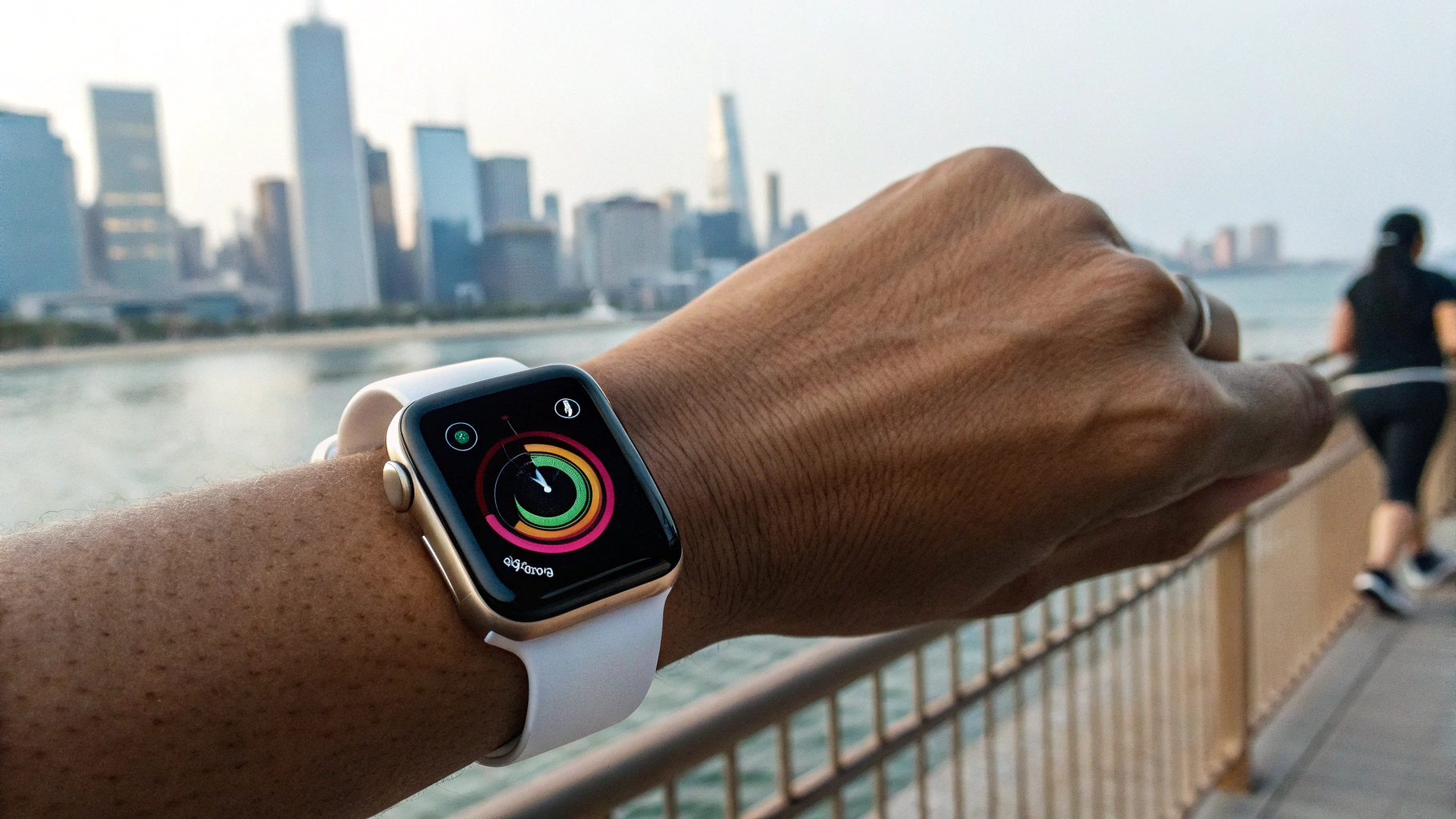 Современные умные часы на запястье показывают пульс и кольца активности во время прогулки по городу