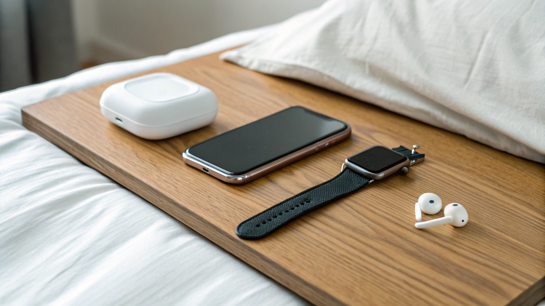 Умные часы на зарядке на прикроватной тумбочке рядом со смартфоном и беспроводными наушниками