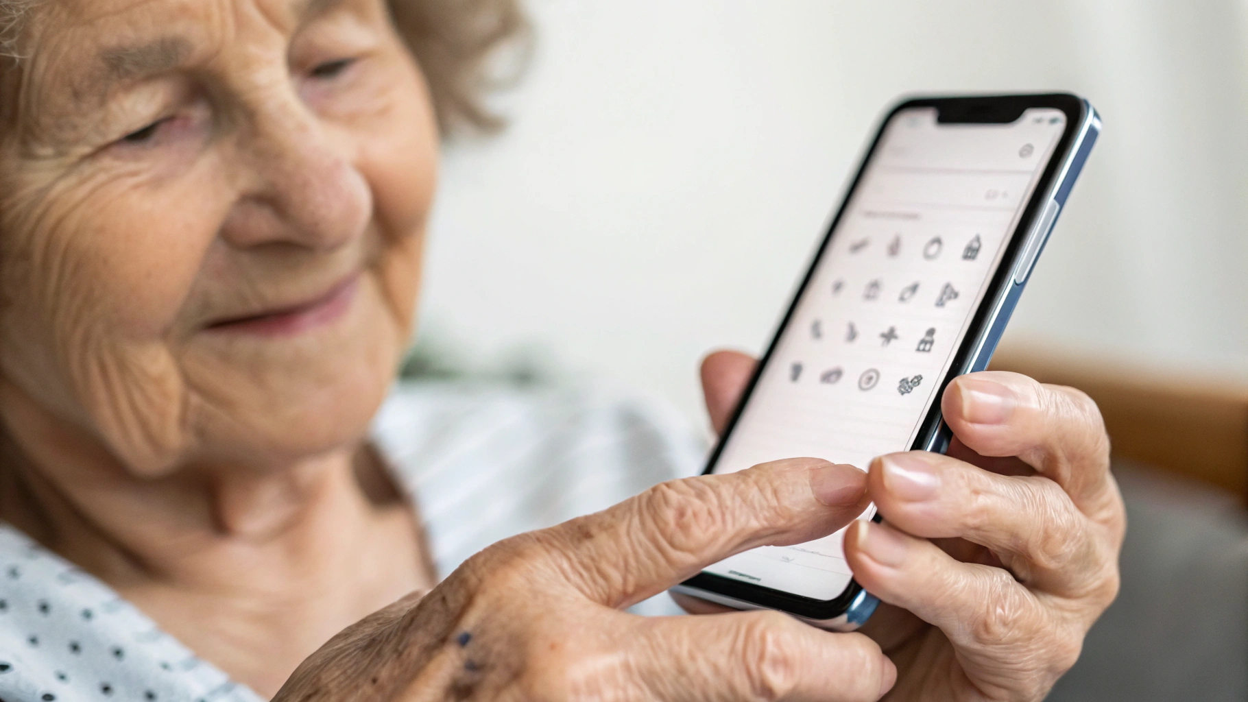 Крупный план смартфона с увеличенным шрифтом и крупными иконками в руках пожилого человека