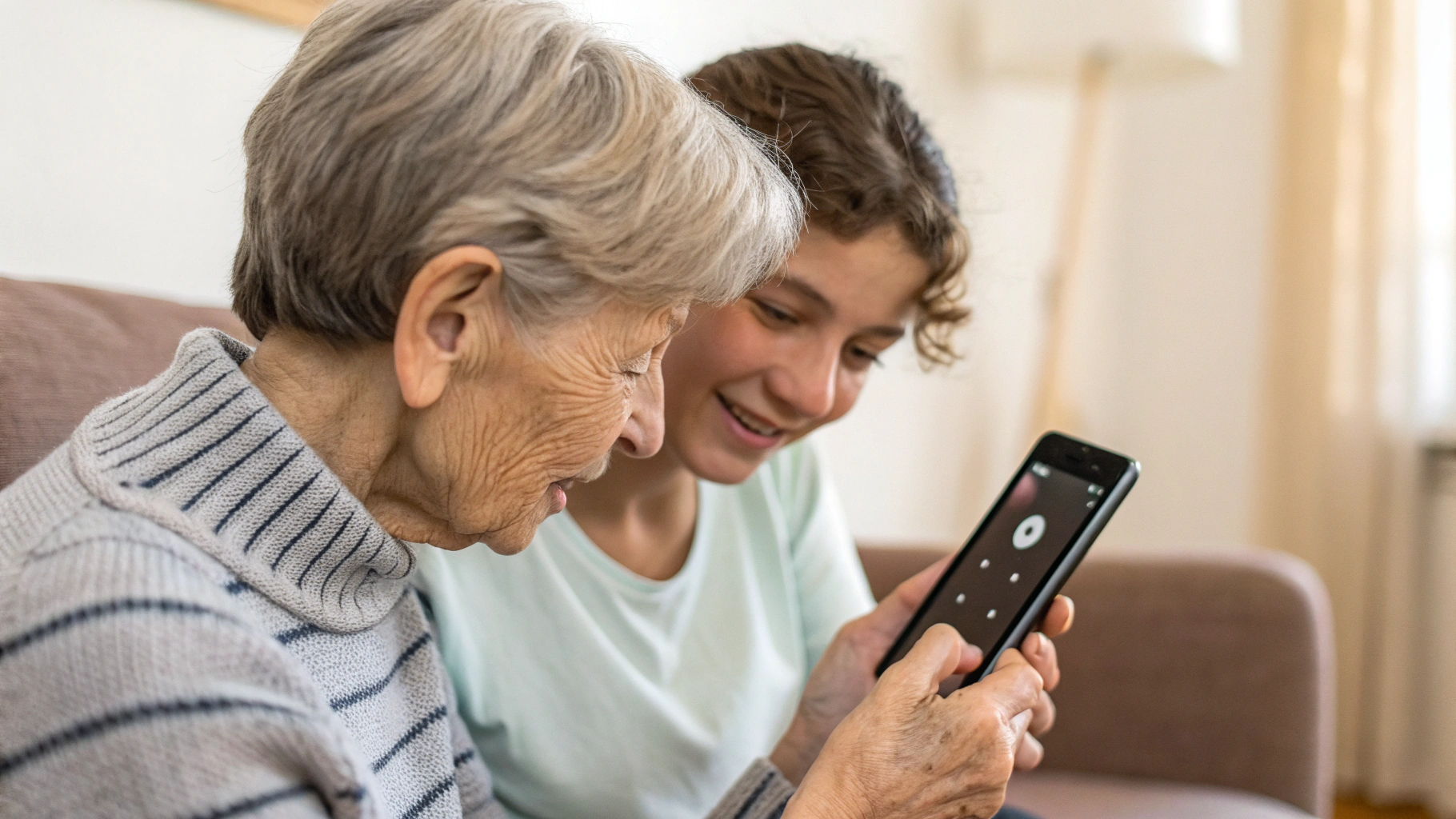 Пожилой человек настраивает громкость и мелодии звонка на смартфоне дома